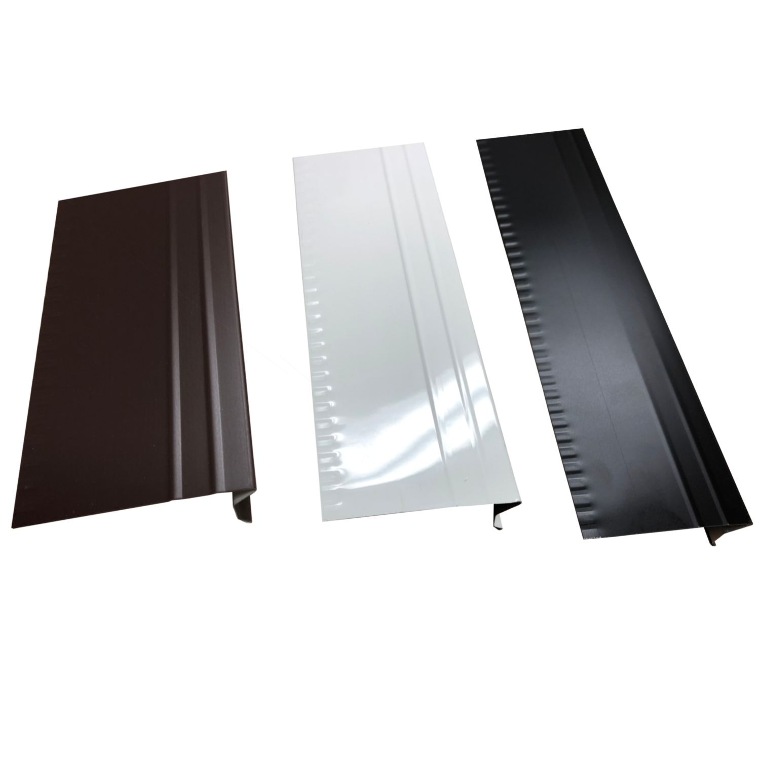 Brown, white and black metal drip edge flashing profiles